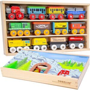 3/$77❤️Orbrium Wooden Magnetic Train Set Engines Freight Cars Caboose Wooden Box